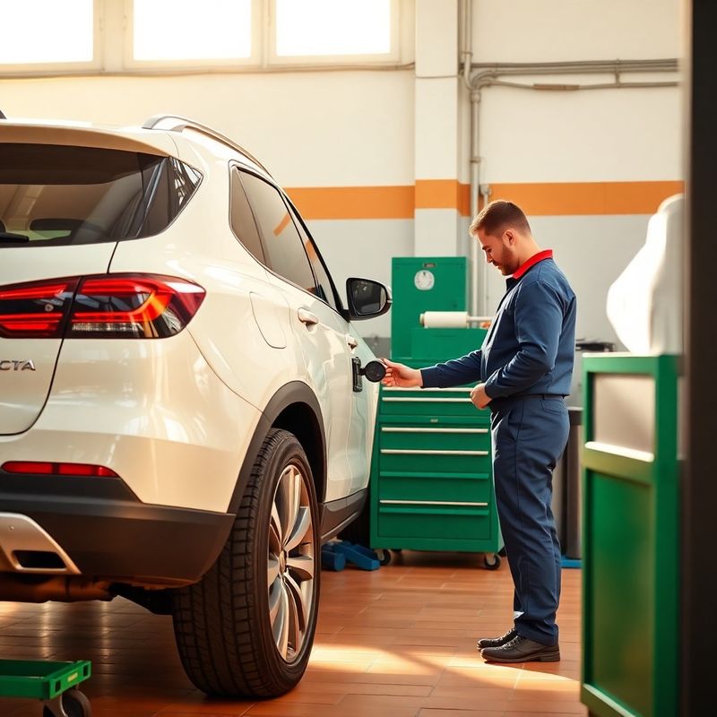 Mecánico revisando la presión de los neumáticos de un SUV blanco en un taller de Málaga